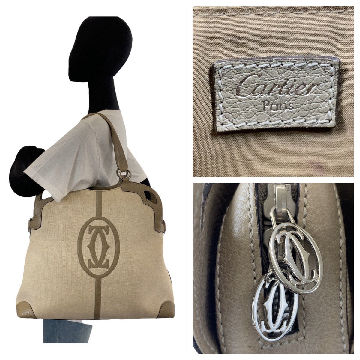 11878
CARTIER カルティエ マルチェロ ホワイト グレー シルバー金具 キャンバス / レザー トートバッグ ショルダーバッグ  レディース