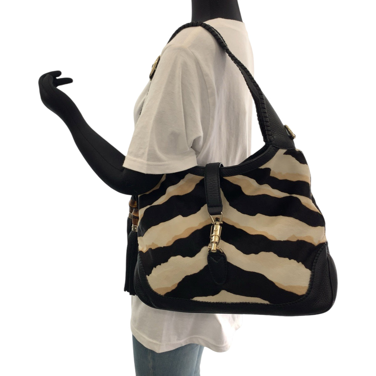 GUCCI グッチ ジャッキー ハラコ ブラック 黒 ホワイト ゴールド金具 ハラコ 246907 ショルダーバッグ ハンドバッグ 2way  レディース