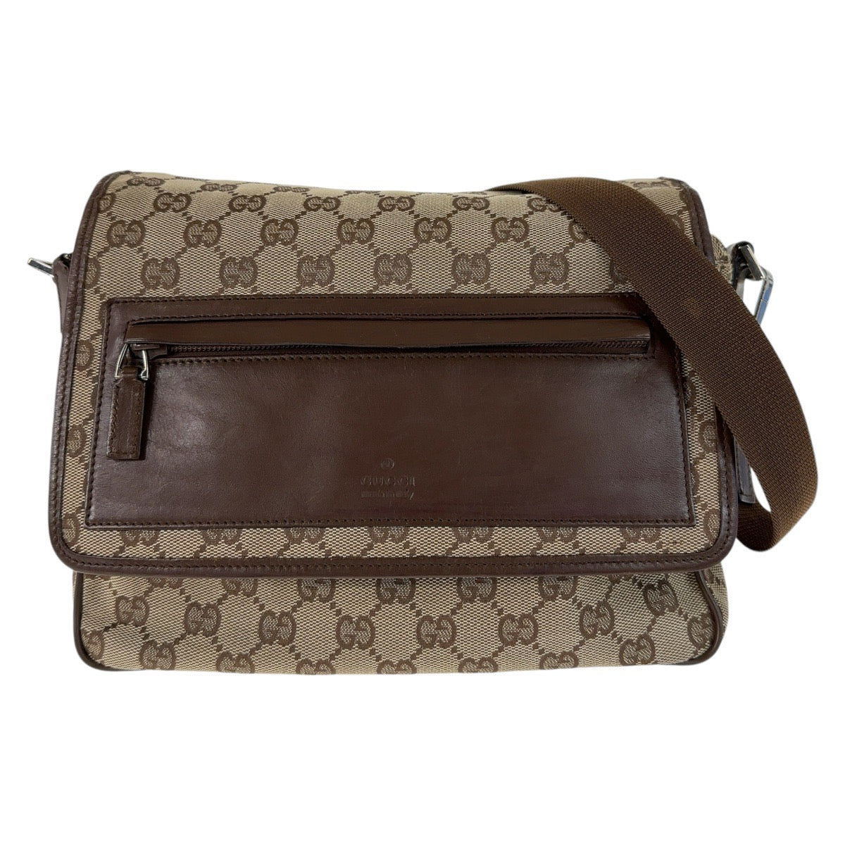 GUCCI グッチ ブラウン ベージュ シルバー金具 GGキャンバス / レザー 28562 斜め掛け ショルダーバッグ メッセンジャーバッグ  メンズ