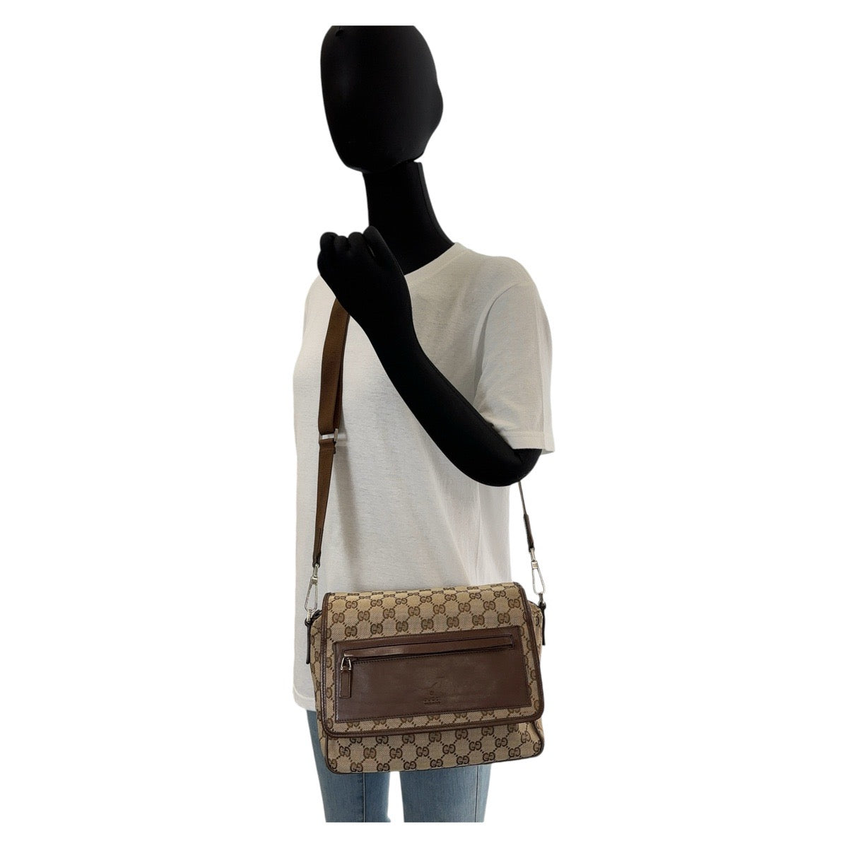 GUCCI グッチ ブラウン ベージュ シルバー金具 GGキャンバス / レザー 28562 斜め掛け ショルダーバッグ メッセンジャーバッグ  メンズ