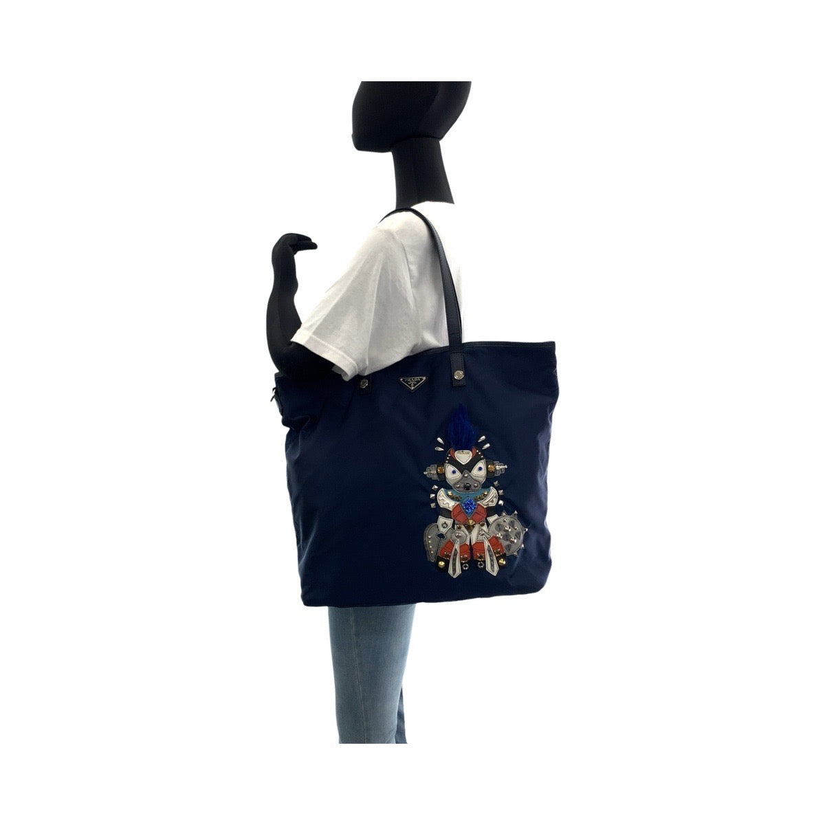 11865
PRADA プラダ テスート ロボット パッチワーク ビジュー 三角ロゴプレート ネイビー シルバー金具 ナイロン トートバッグ ショルダーバッグ  レディース
