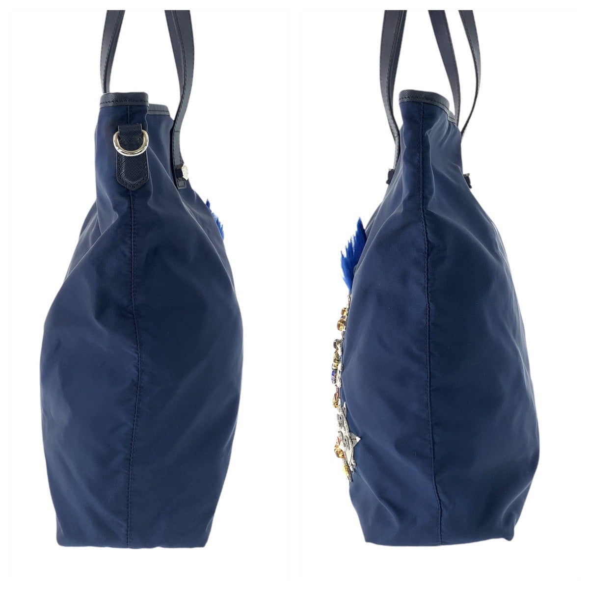 11865
PRADA プラダ テスート ロボット パッチワーク ビジュー 三角ロゴプレート ネイビー シルバー金具 ナイロン トートバッグ ショルダーバッグ  レディース