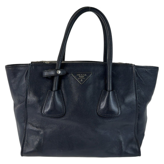 13054
 PRADA Prada Triangle Logo Plate Navy Silver Hardware Leather Tote Bag Handbag Women's