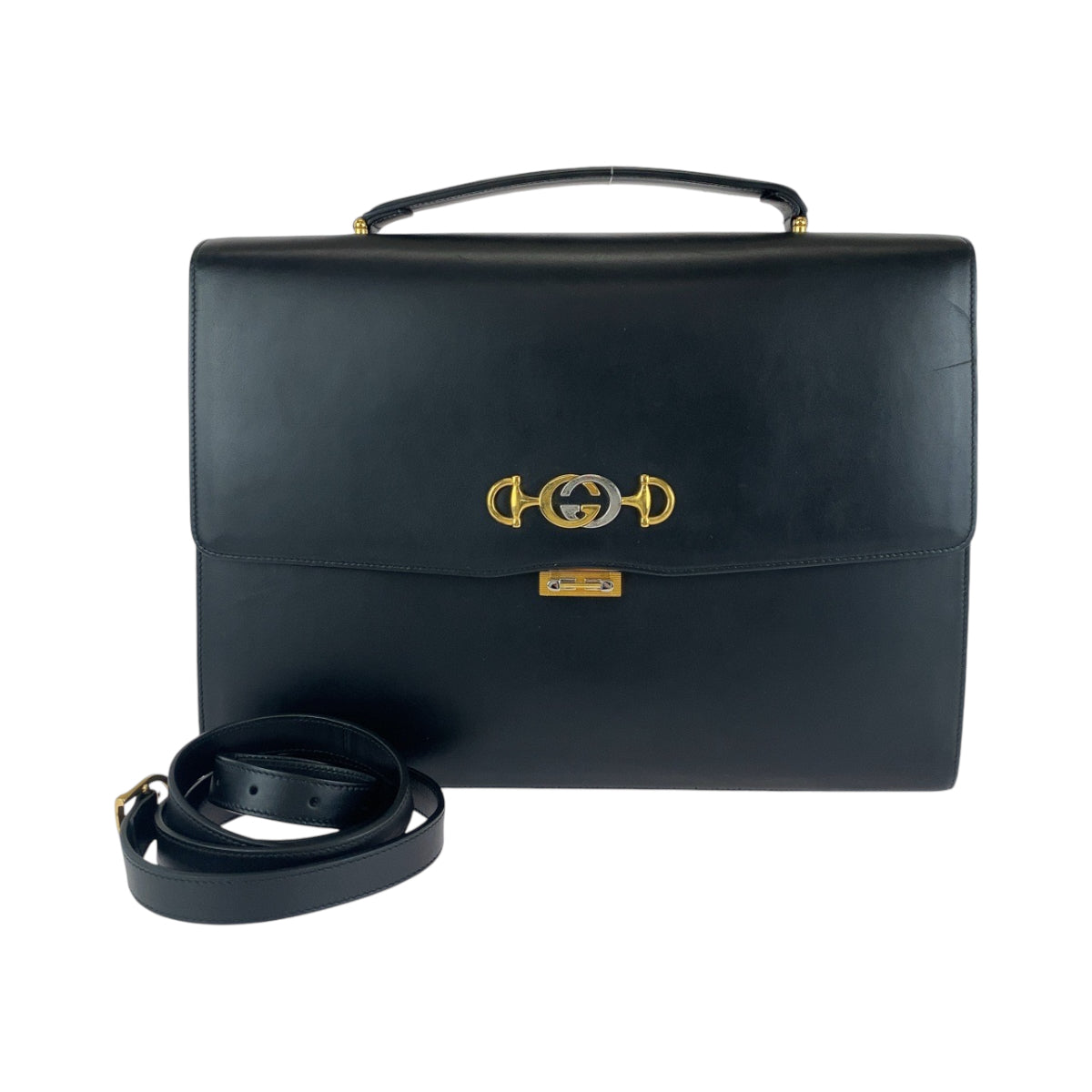 13063
 GUCCI Zumi Black Gold Hardware Calfskin 581531 Business Bag Briefcase Men's