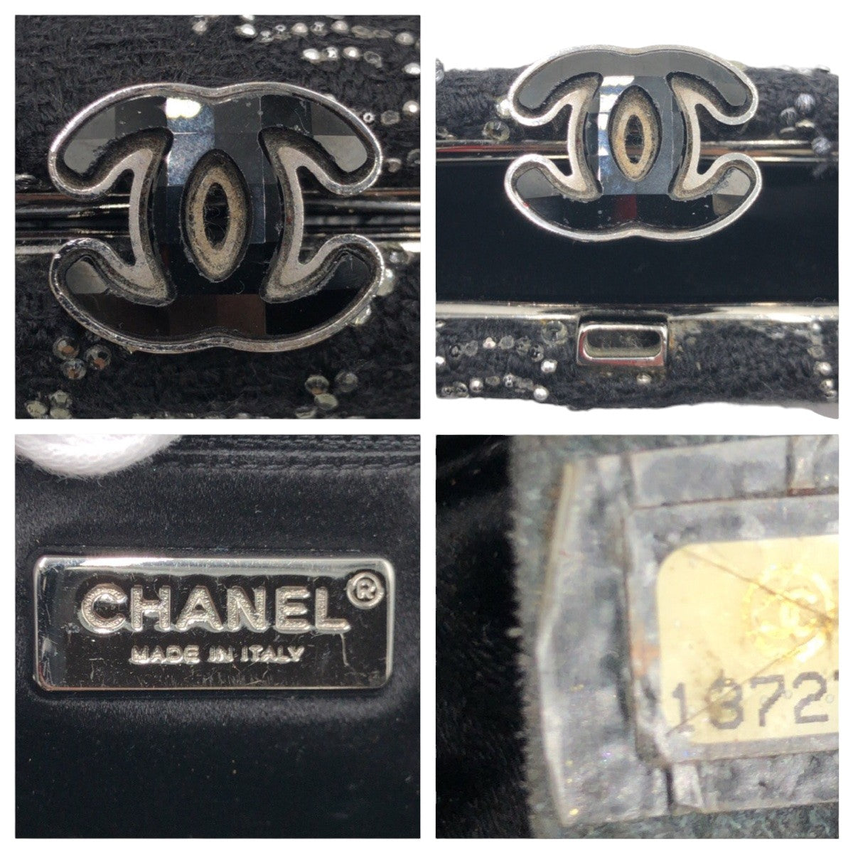 13067
CHANEL シャネル パリ上海モデル ココマーク ラインストーン ブラック 黒 コットン セカンドバッグ クラッチバッグ  レディース