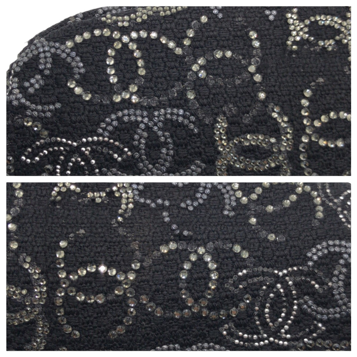 13067
CHANEL シャネル パリ上海モデル ココマーク ラインストーン ブラック 黒 コットン セカンドバッグ クラッチバッグ  レディース