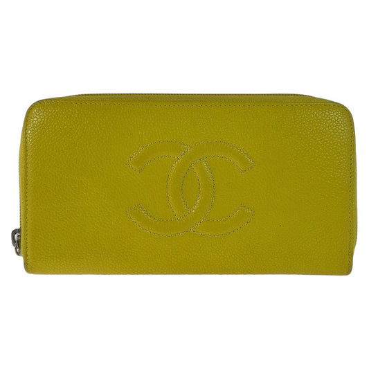 12798
 CHANEL Coco Mark Yellow Silver Hardware Caviar Skin Long Wallet for Women