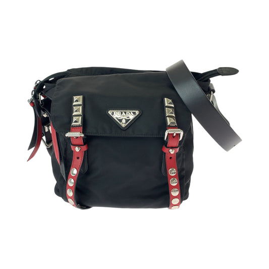 PRADA Tessuto Triangle Logo Plate Studs Black Red Silver Hardware Nylon 1BE020 Shoulder Bag Messenger Bag Women's