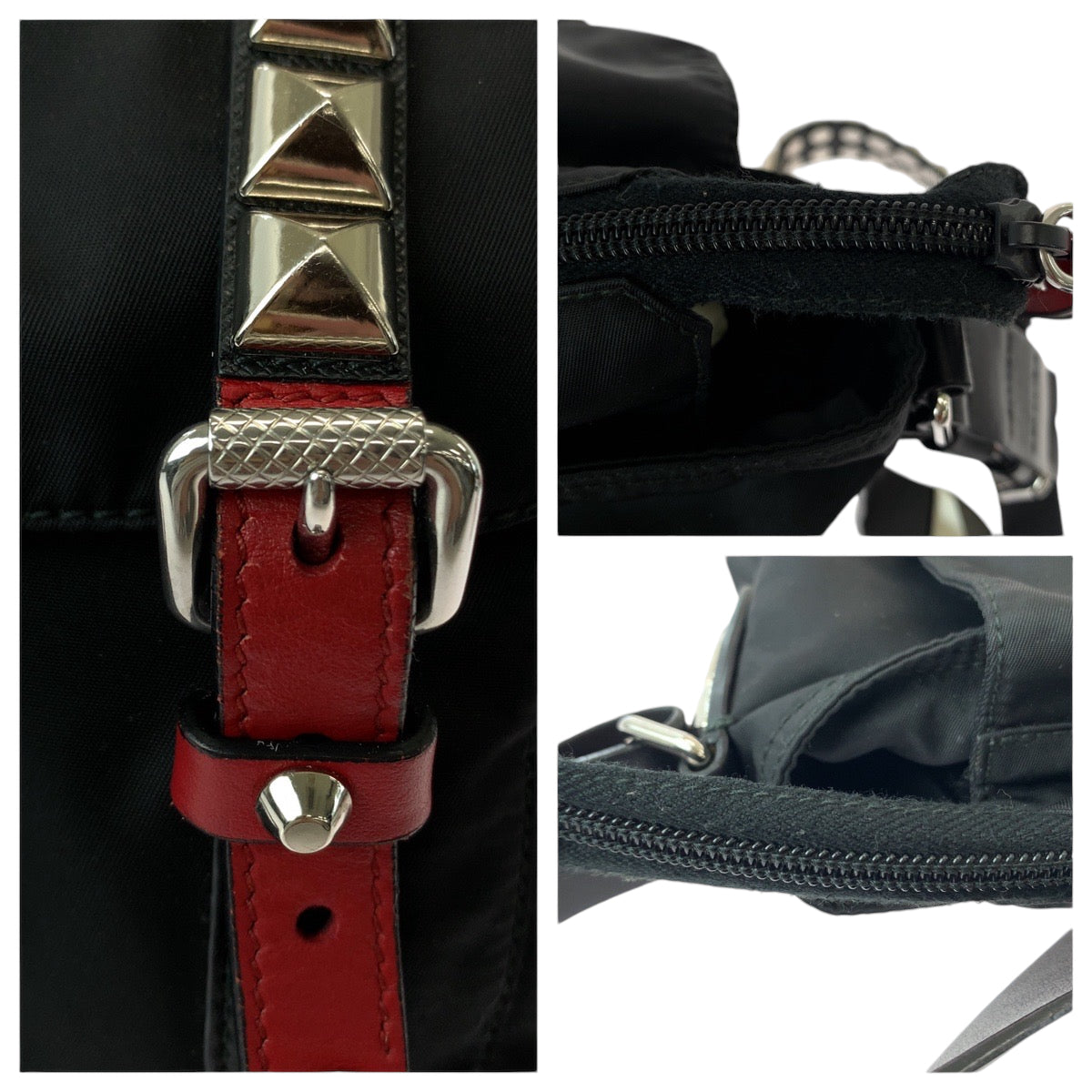 PRADA Tessuto Triangle Logo Plate Studs Black Red Silver Hardware Nylon 1BE020 Shoulder Bag Messenger Bag Women's