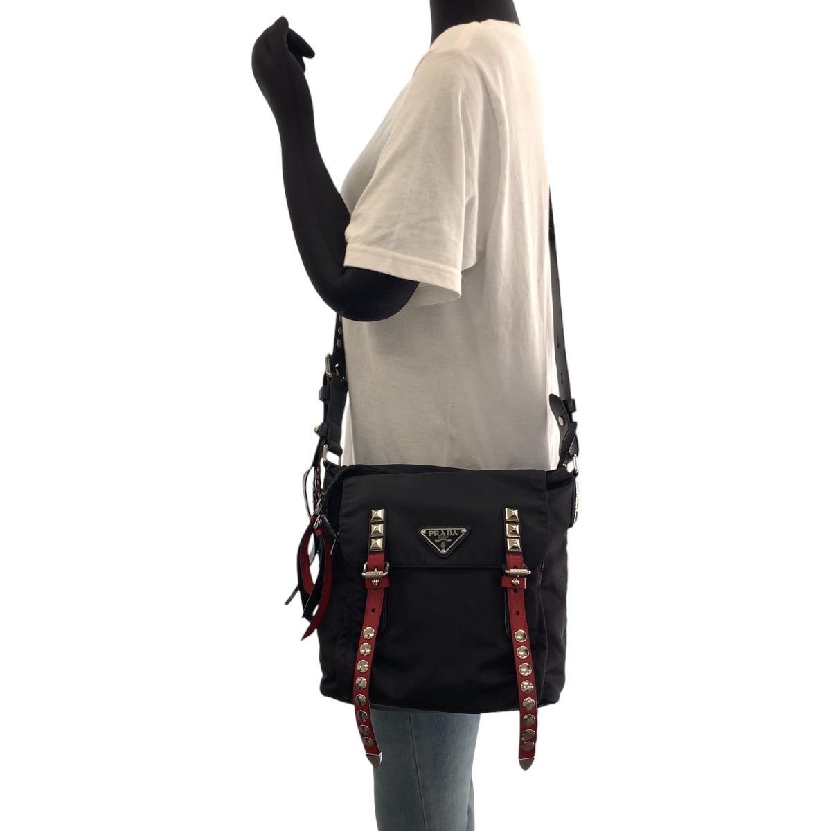 PRADA Tessuto Triangle Logo Plate Studs Black Red Silver Hardware Nylon 1BE020 Shoulder Bag Messenger Bag Women's