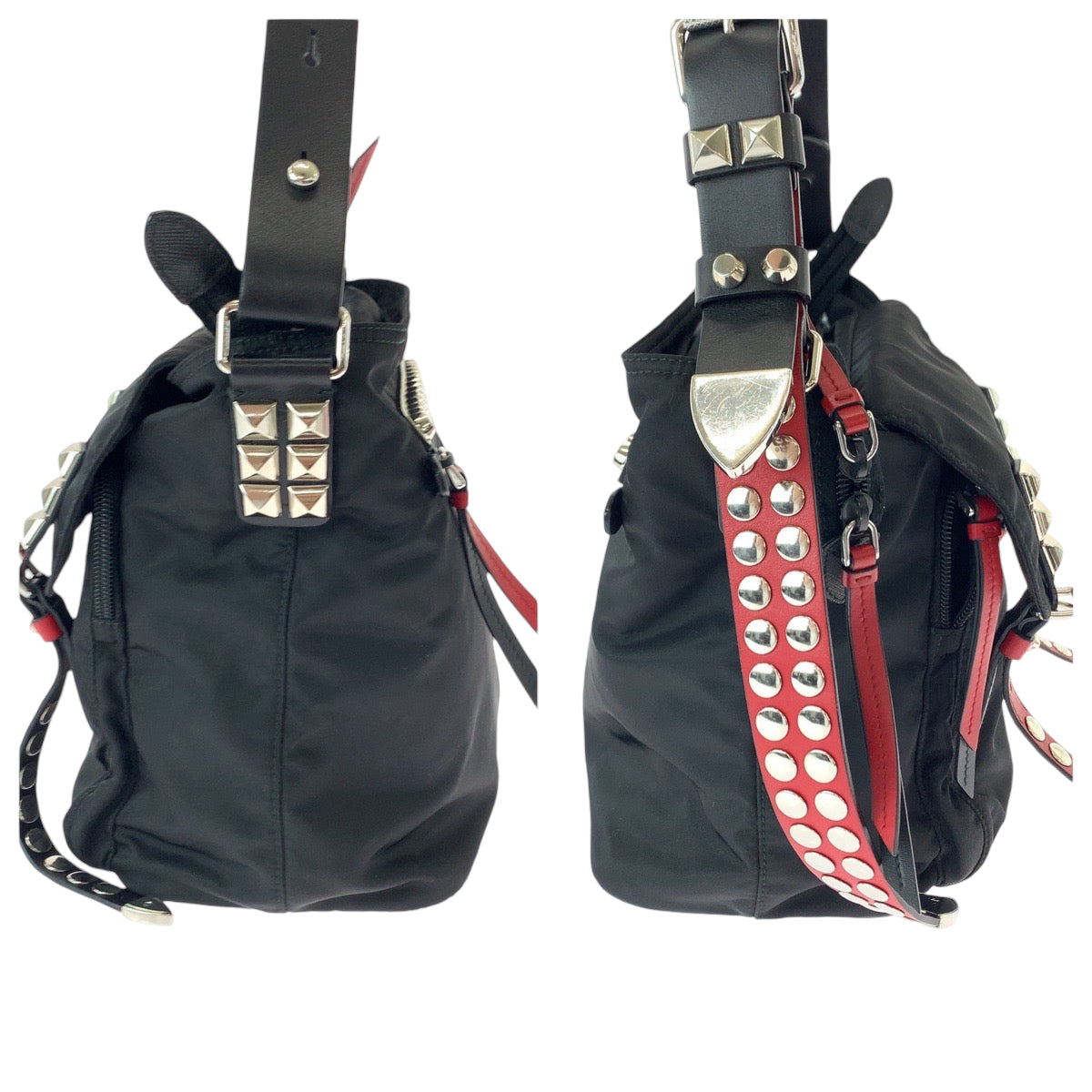 PRADA Tessuto Triangle Logo Plate Studs Black Red Silver Hardware Nylon 1BE020 Shoulder Bag Messenger Bag Women's