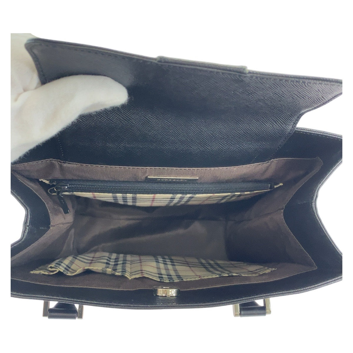 13081
BURBERRY バーバリー 中チェック柄 ブラック 黒 シルバー金具 レザー トートバッグ ハンドバッグ  レディース