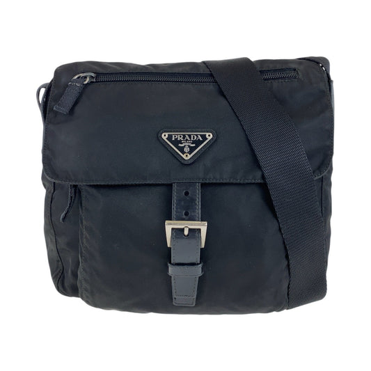 13083
 PRADA Tessuto Triangle Logo Plate Unisex Black Silver Hardware Nylon/Leather Crossbody Shoulder Bag Pochette Men's