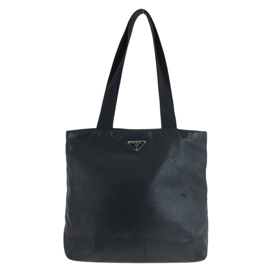 13088
 PRADA Prada Triangle logo plate Black Silver hardware Leather Tote bag Shoulder bag Unisex Women's