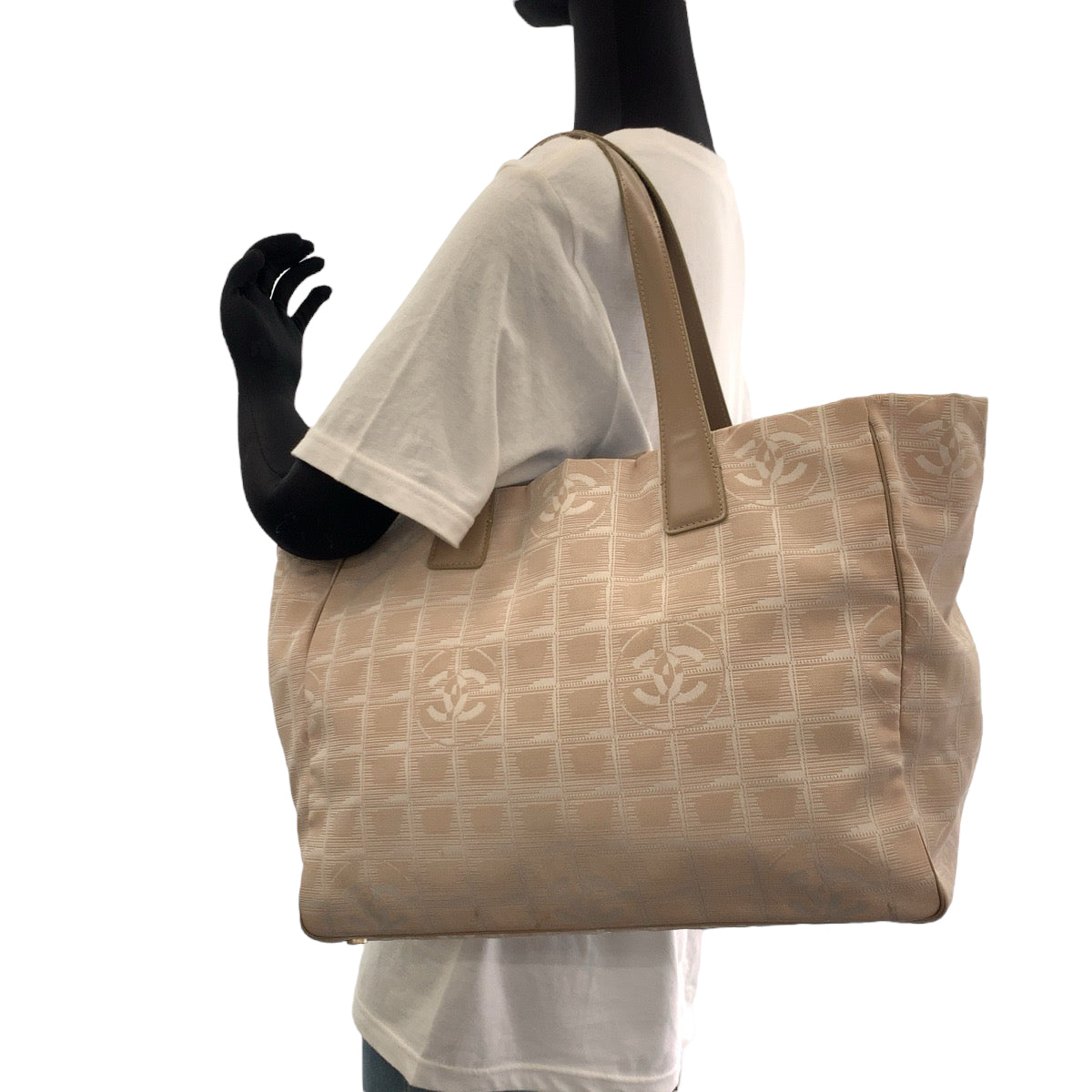 13094
CHANEL シャネル ニュートラベルラインMM ピンク ベージュ ゴールド金具 キャンバス トートバッグ ショルダーバッグ  レディース