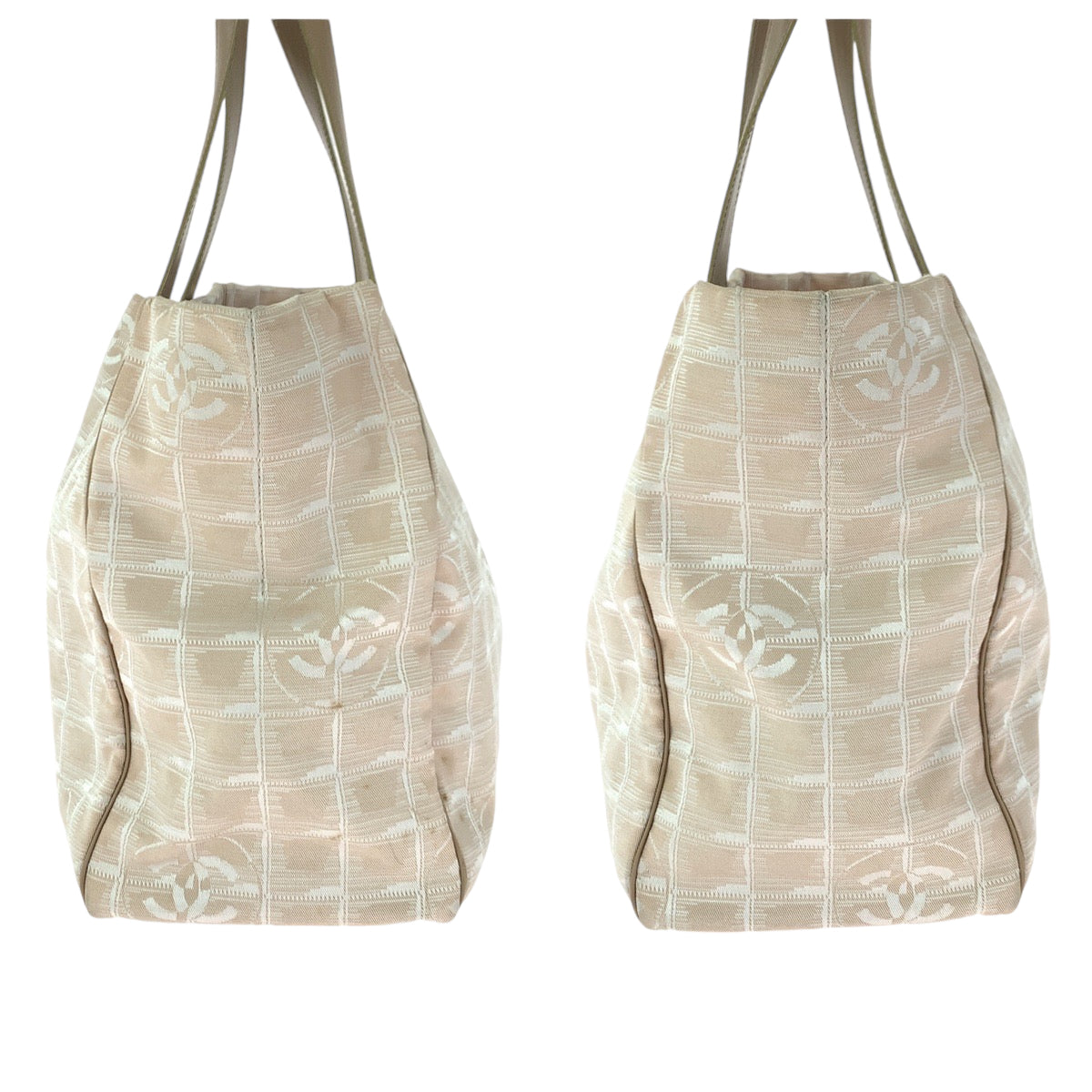 13094
CHANEL シャネル ニュートラベルラインMM ピンク ベージュ ゴールド金具 キャンバス トートバッグ ショルダーバッグ  レディース