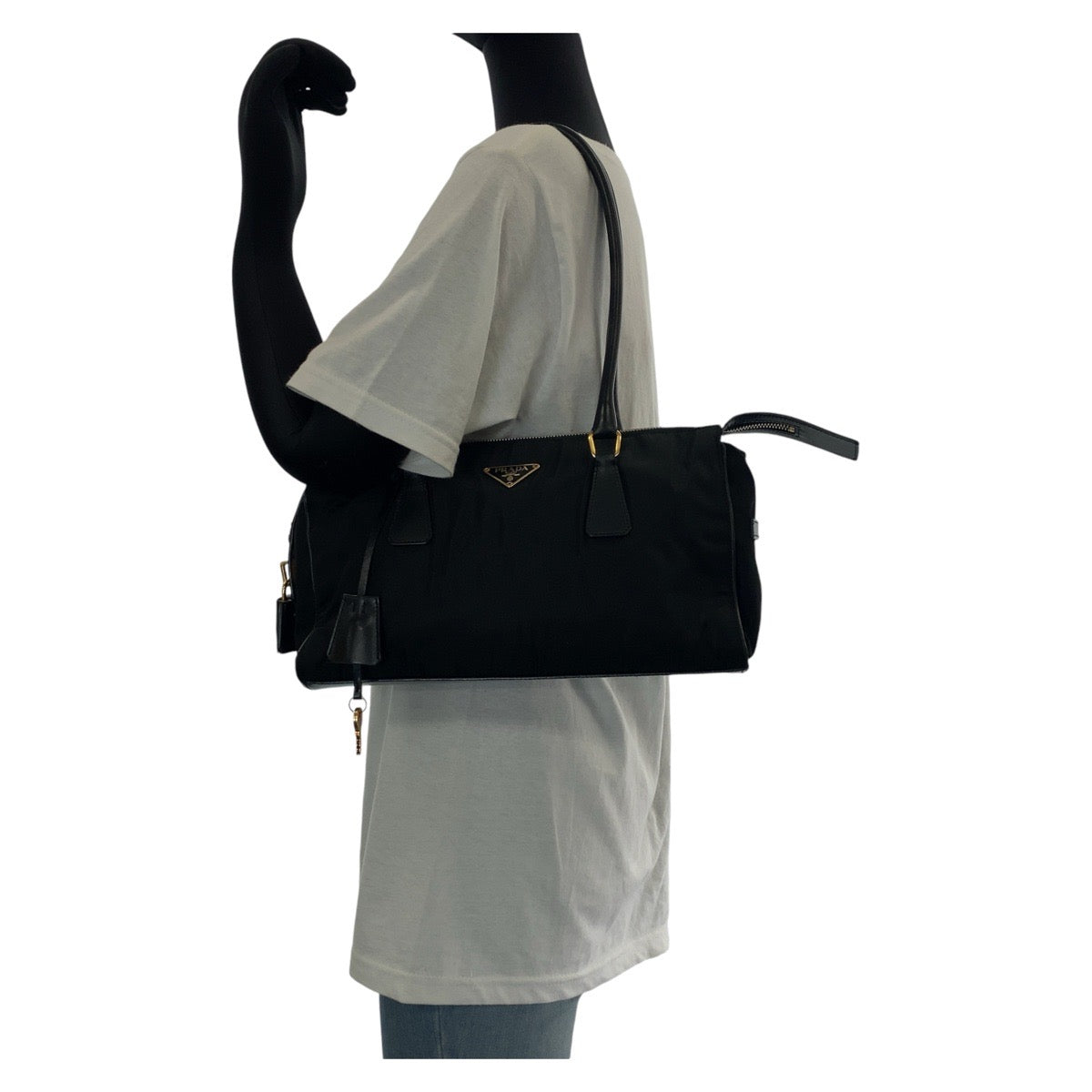 13096
PRADA プラダ テスート 三角ロゴプレート ブラック 黒 ゴールド金具 ナイロン / レザー トートバッグ ショルダーバッグ  レディース