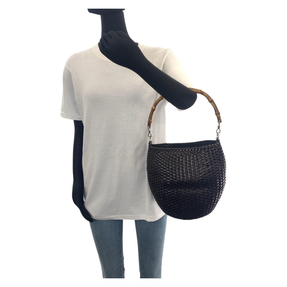 13106
GUCCI グッチ バンブー ブラック 黒 シルバー金具 レザー 000 1817 ハンドバッグ レザー編み込みバッグ  レディース