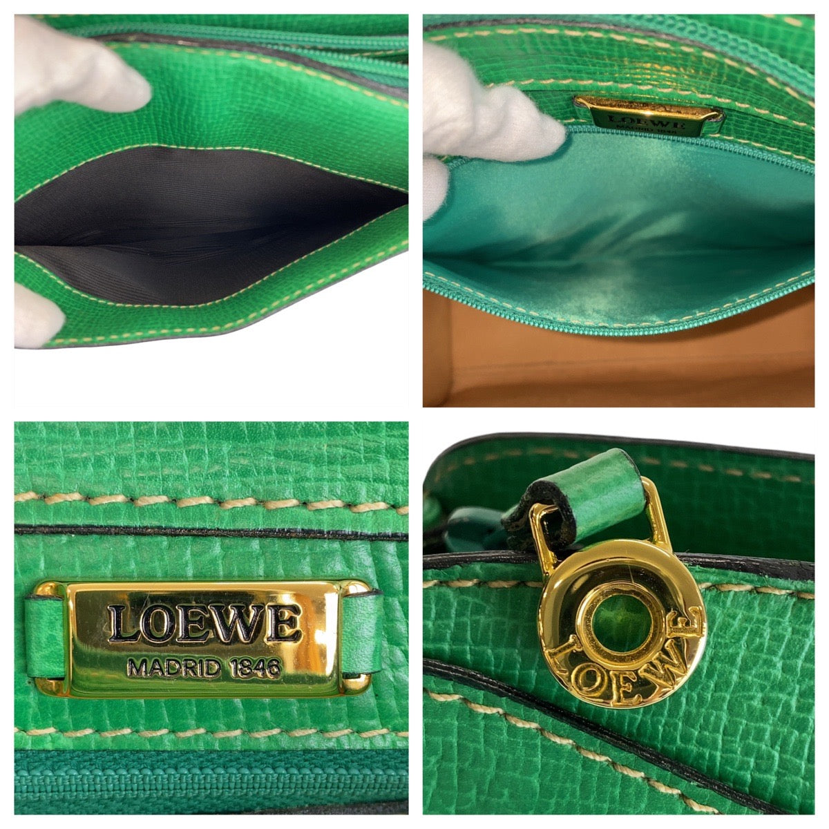 13115
LOEWE ロエベ ヴィンテージ グリーン ゴールド金具 レザー 斜め掛け ショルダーバッグ ポシェット  レディース