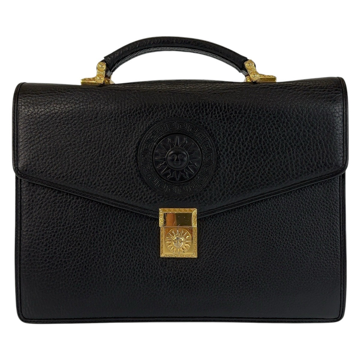 13117
VERSACE ヴェルサーチ ヴィンテージ サンバースト メデューサ ブラック 黒 ゴールド金具 レザー ビジネスバッグ ハンドバッグ  メンズ