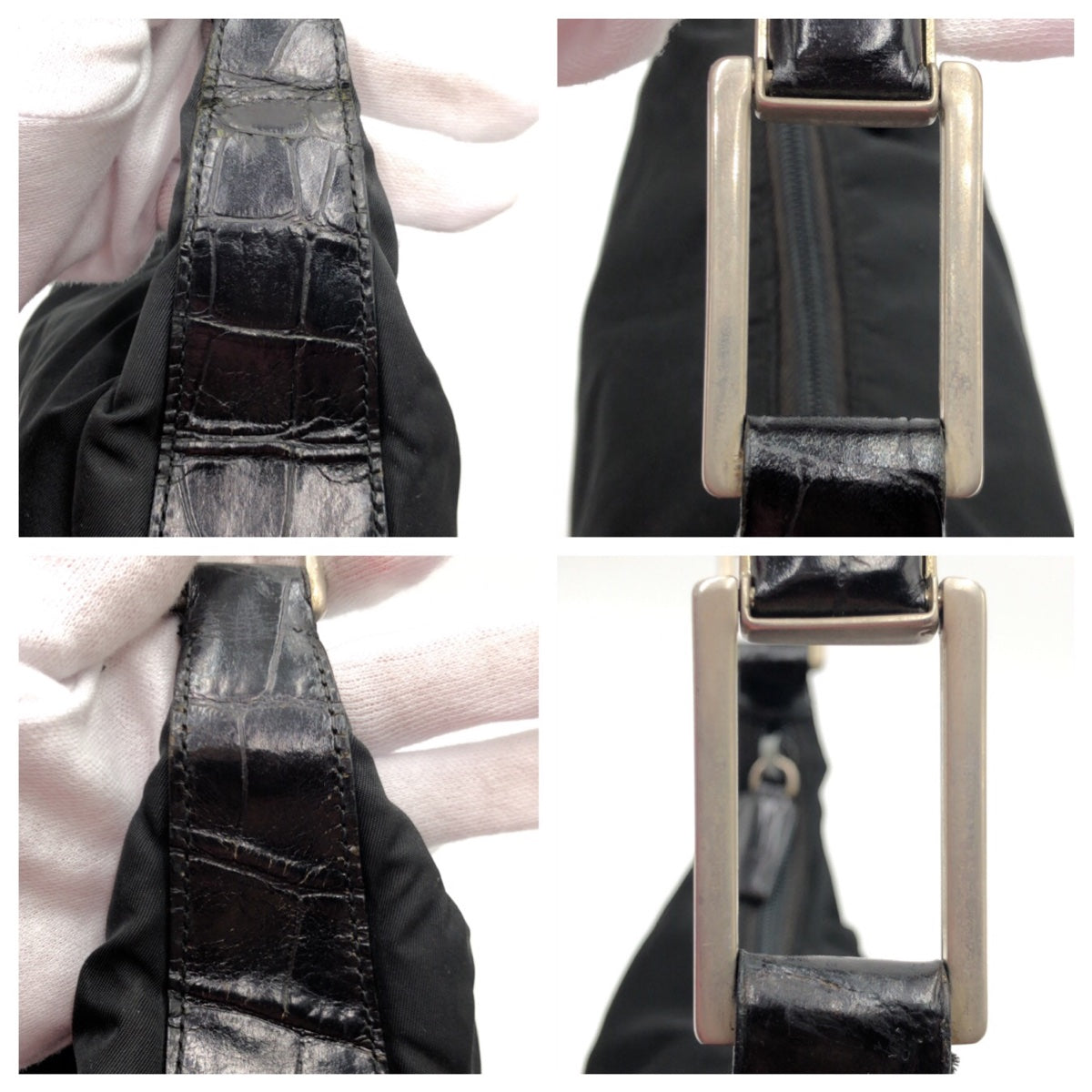 13118
PRADA プラダ テスート 型押し ブラック 黒 ナイロン / レザー ホーボー ショルダーバッグ  レディース