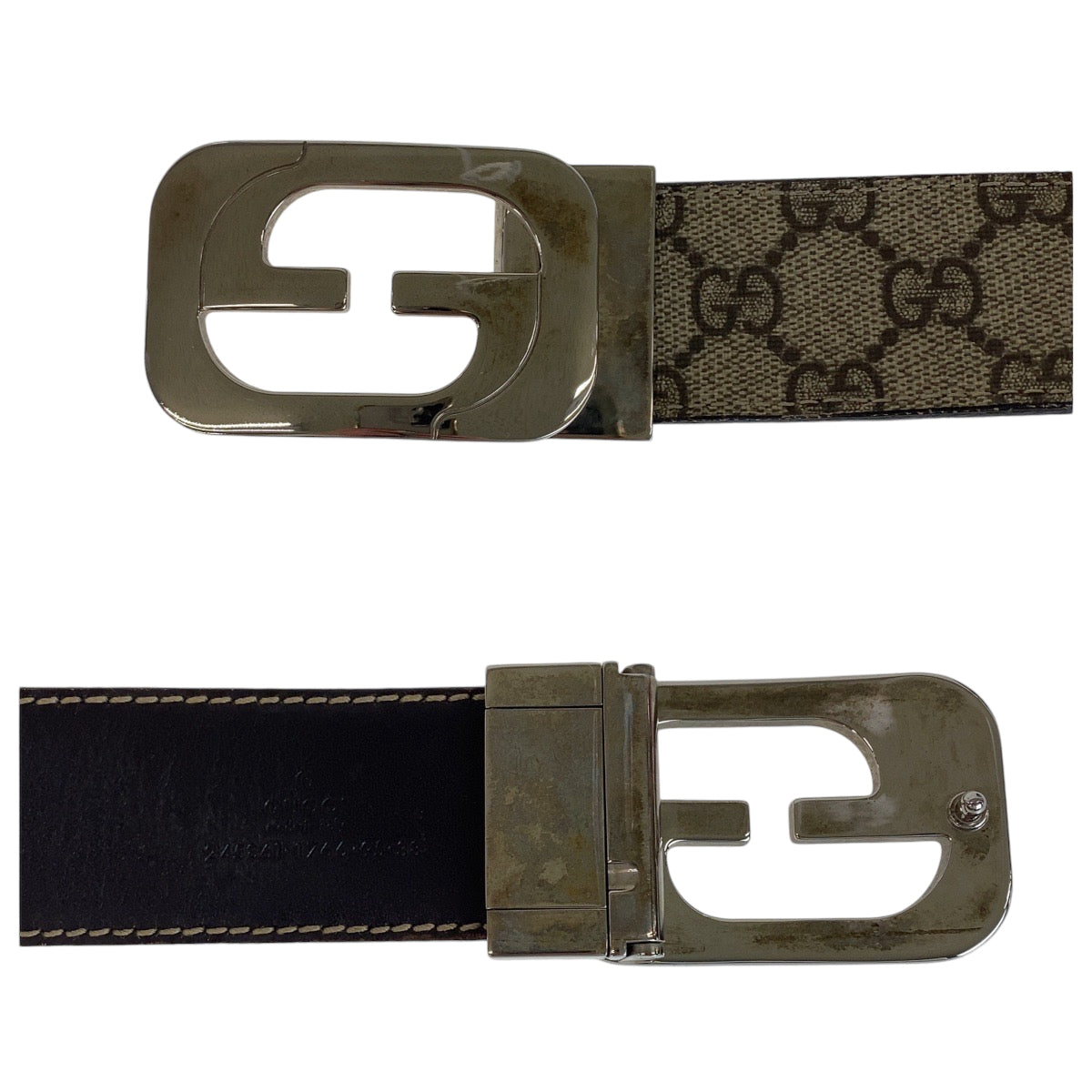 13121
GUCCI グッチ インターロッキング 95cm/38inc ベージュ シルバー金具 GGスプリームキャンバス 245861 ベルトリバーシブル  メンズ
