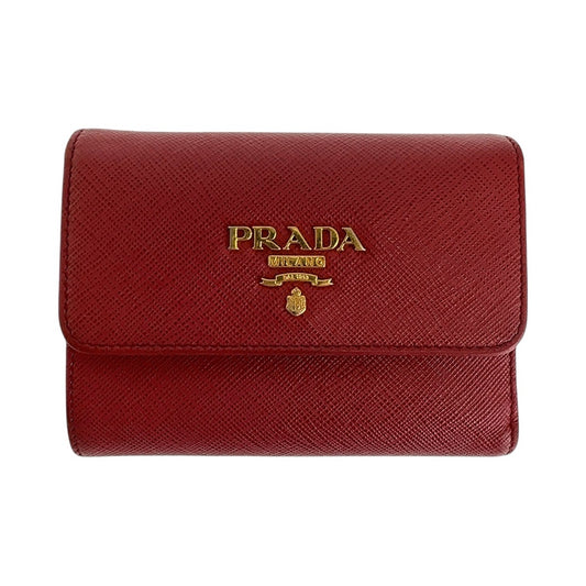 PRADA Prada Saffiano Red Gold Hardware Leather Folding Wallet Compact Wallet for Women
