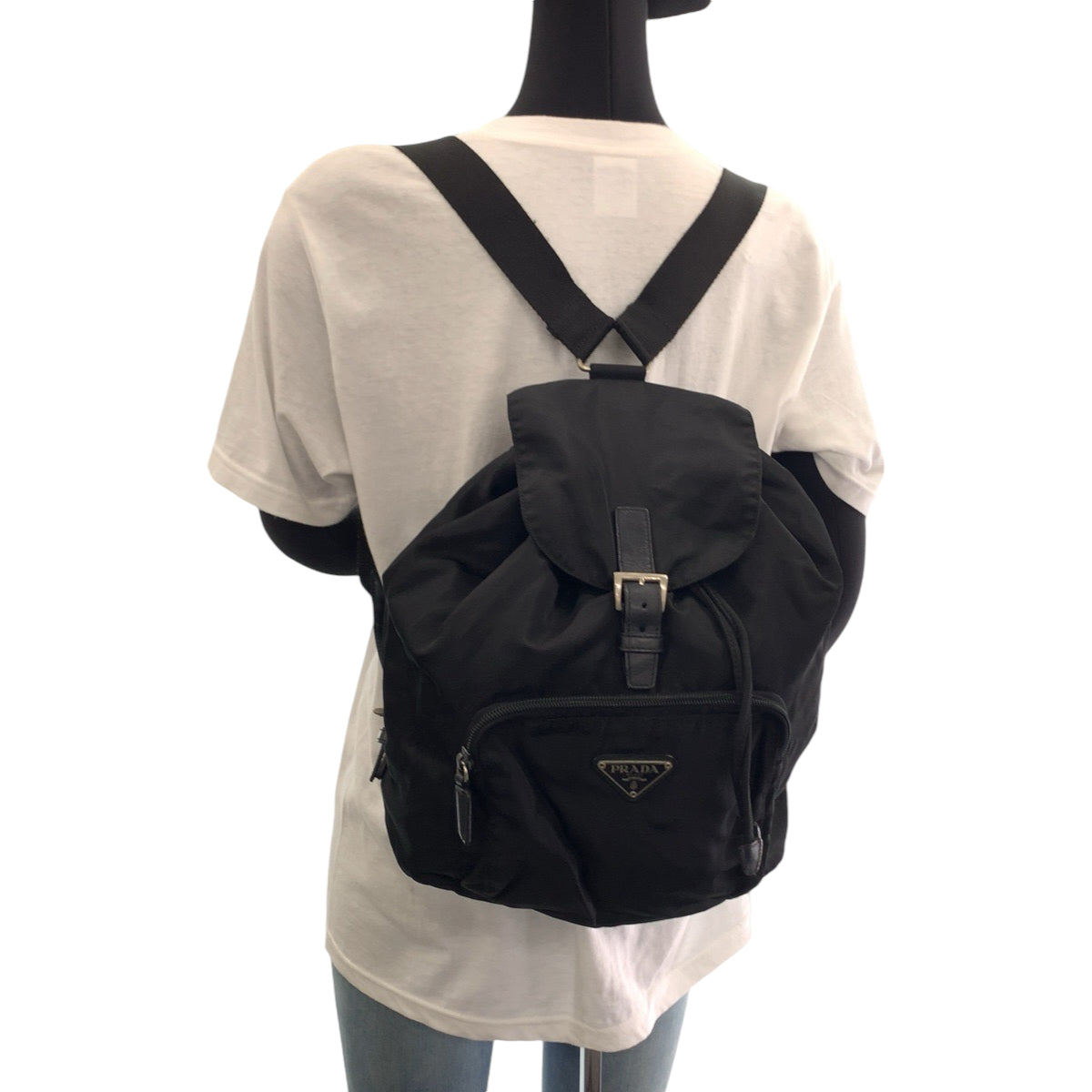 PRADA Tessuto Triangle Logo Plate Black Silver Hardware Nylon B4650F Backpack Rucksack Women's