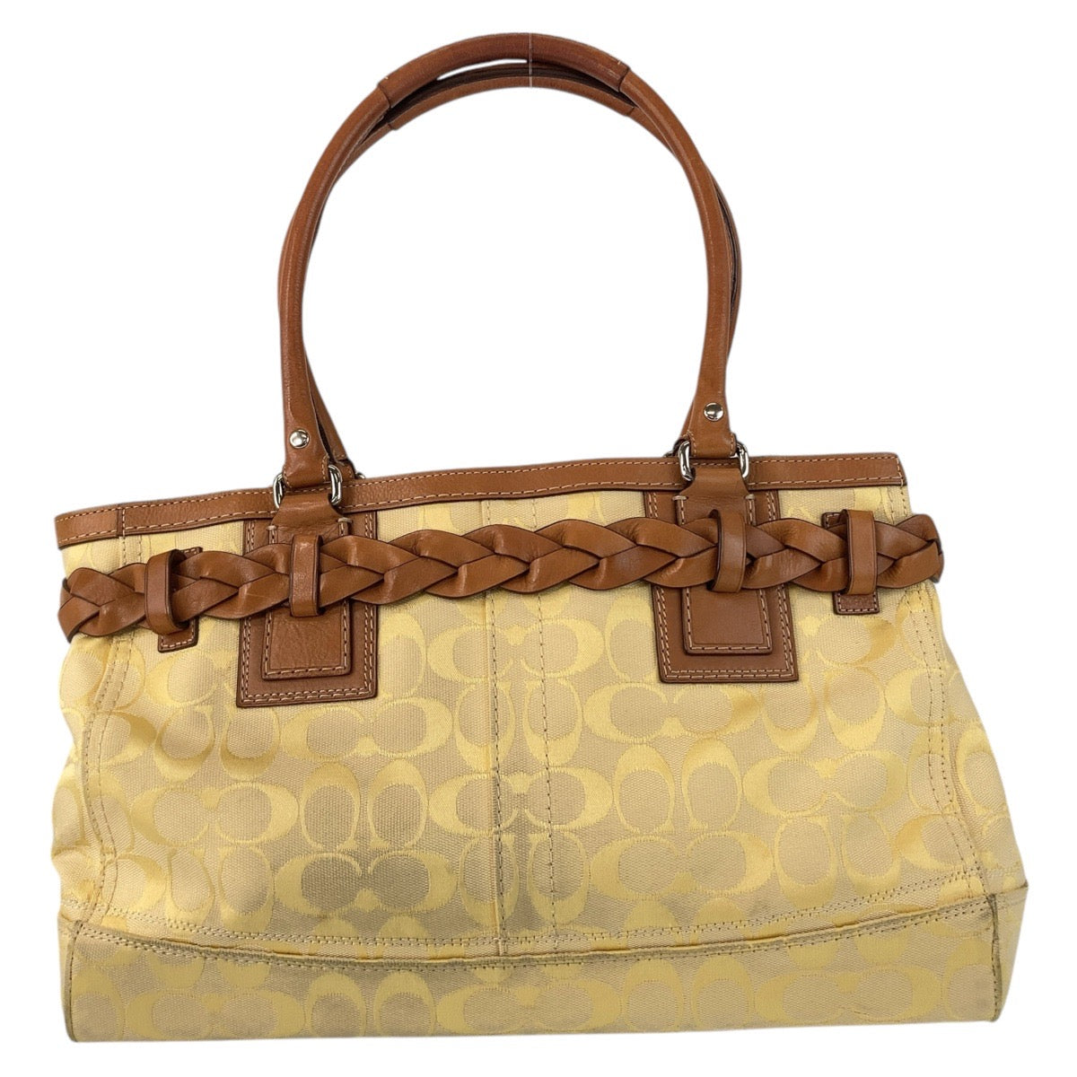13136
COACH コーチ シグネチャー イエロー ブラウン シルバー金具 キャンバス / レザー トートバッグ ショルダーバッグ  レディース