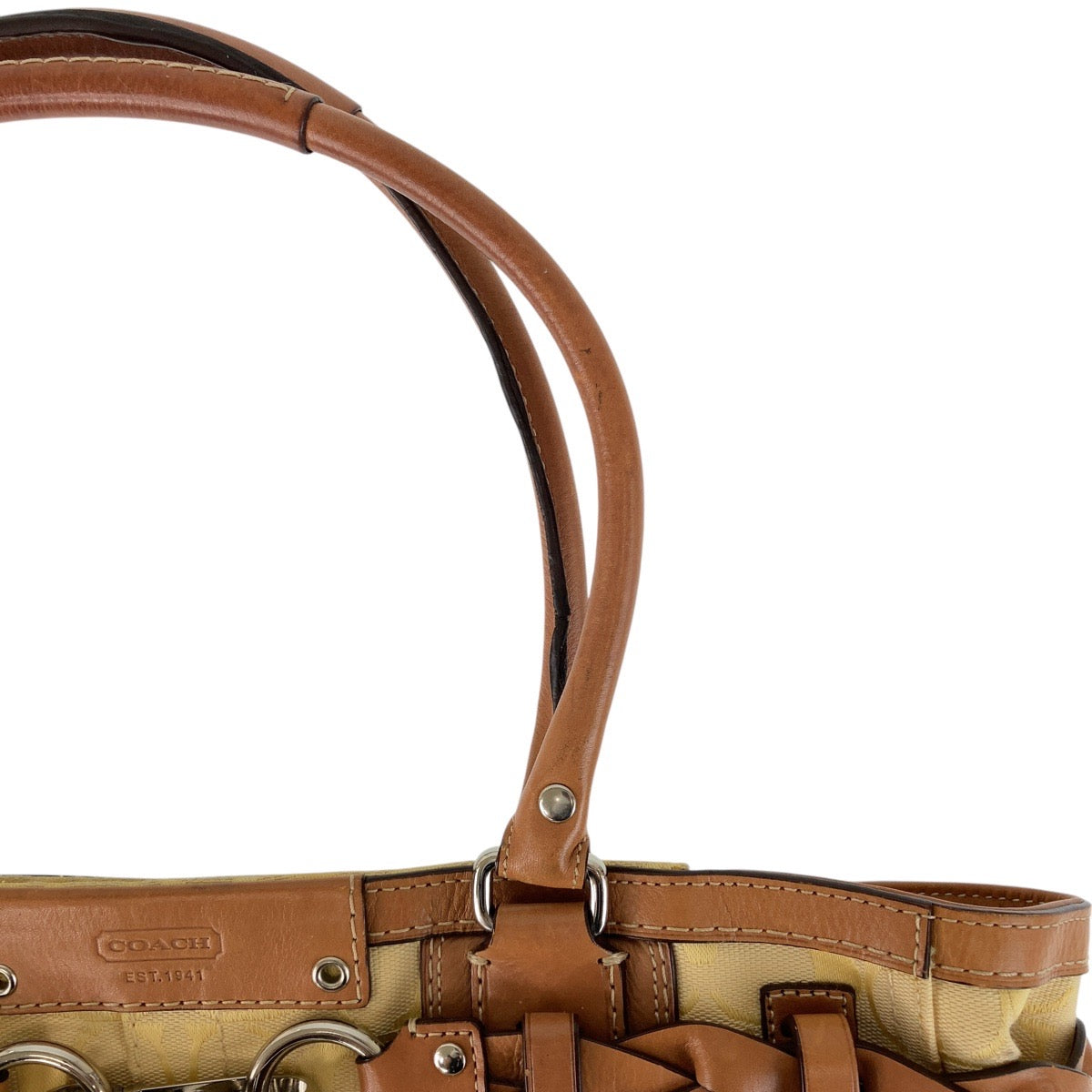 13136
COACH コーチ シグネチャー イエロー ブラウン シルバー金具 キャンバス / レザー トートバッグ ショルダーバッグ  レディース