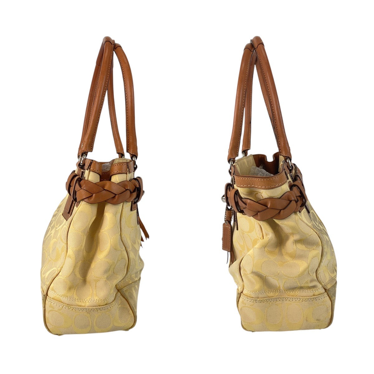 13136
COACH コーチ シグネチャー イエロー ブラウン シルバー金具 キャンバス / レザー トートバッグ ショルダーバッグ  レディース