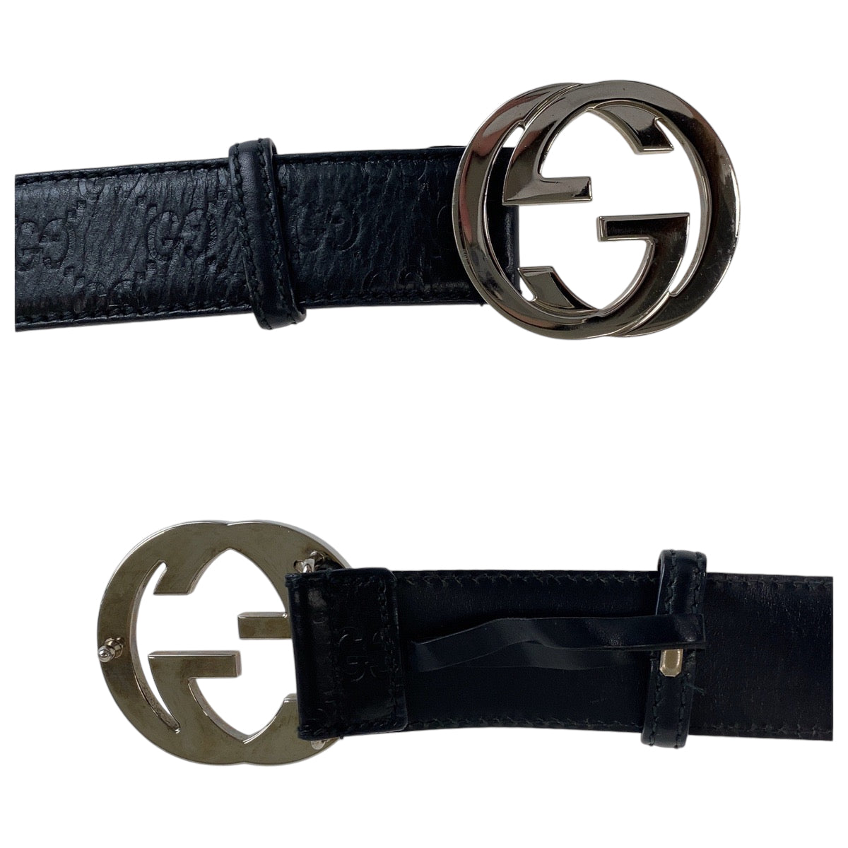 13140
GUCCI グッチ インターロッキング グッチシマ 85cm/34inc ブラック 黒 シルバー金具 レザー 114984 ベルト バックル  メンズ