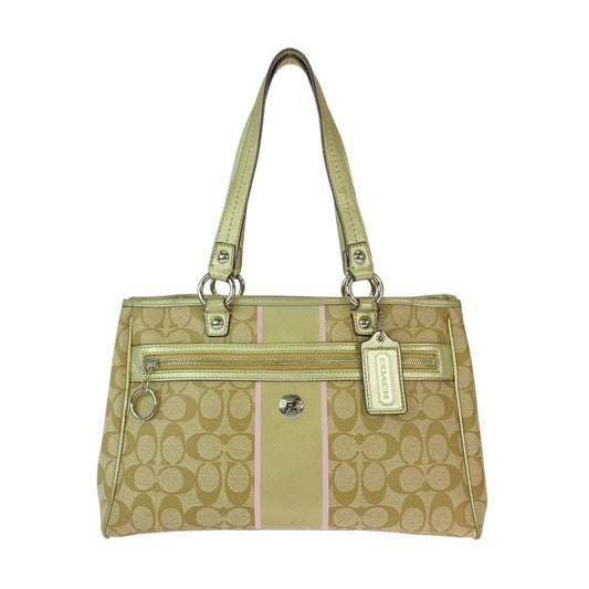 13143
COACH コーチ シグネチャー ベージュ ピンク ゴールド金具 PVC / レザー トートバッグ ショルダーバッグ  レディース
