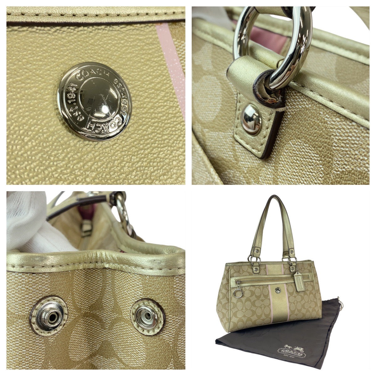 13143
COACH コーチ シグネチャー ベージュ ピンク ゴールド金具 PVC / レザー トートバッグ ショルダーバッグ  レディース
