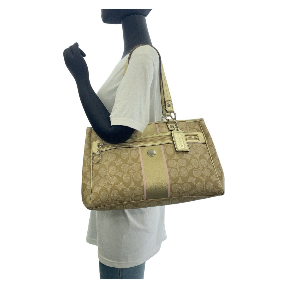 13143
COACH コーチ シグネチャー ベージュ ピンク ゴールド金具 PVC / レザー トートバッグ ショルダーバッグ  レディース