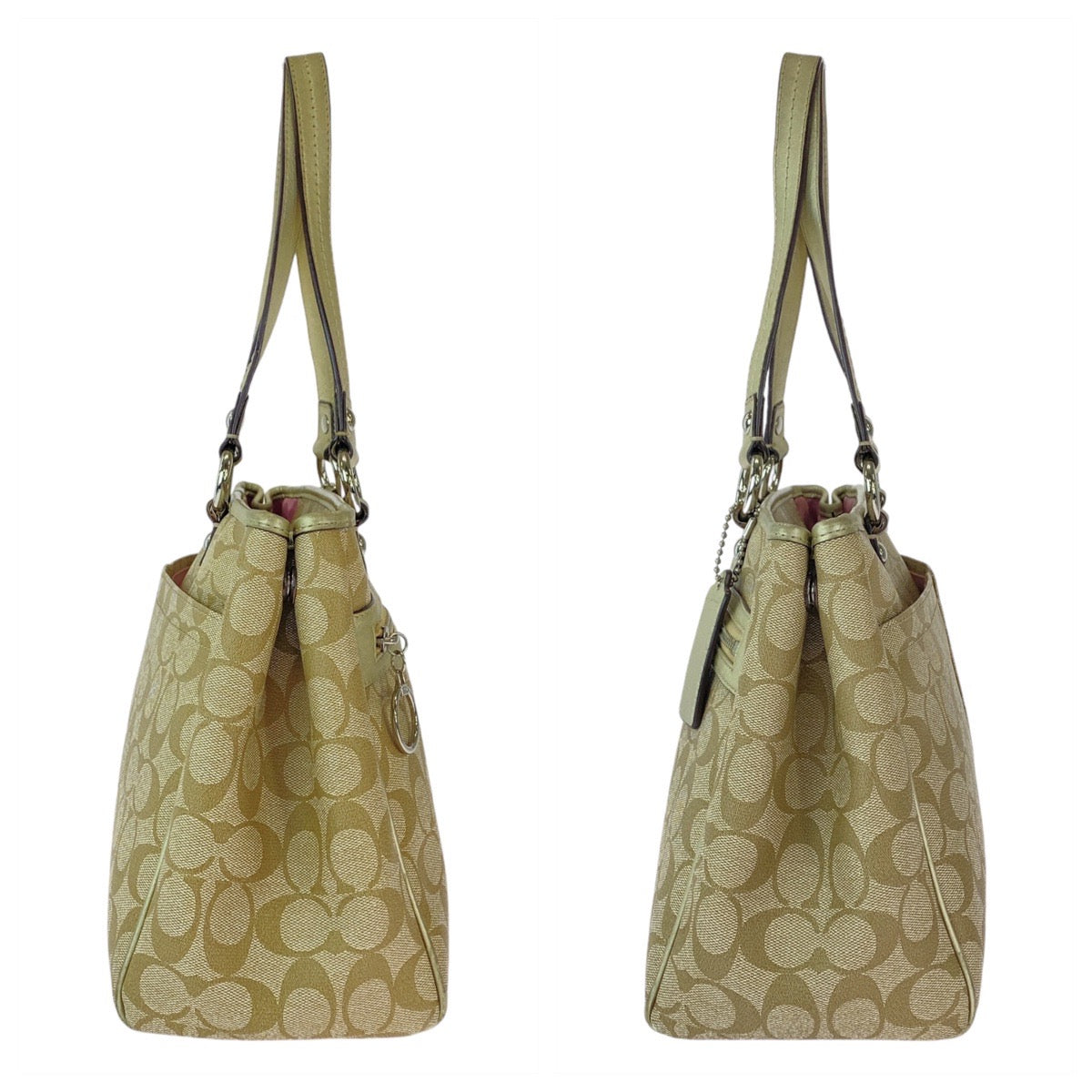 13143
COACH コーチ シグネチャー ベージュ ピンク ゴールド金具 PVC / レザー トートバッグ ショルダーバッグ  レディース