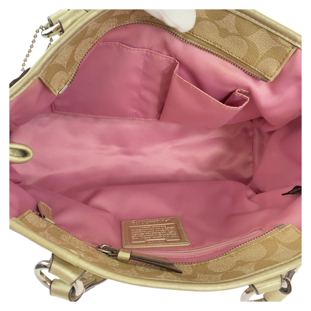 13143
COACH コーチ シグネチャー ベージュ ピンク ゴールド金具 PVC / レザー トートバッグ ショルダーバッグ  レディース