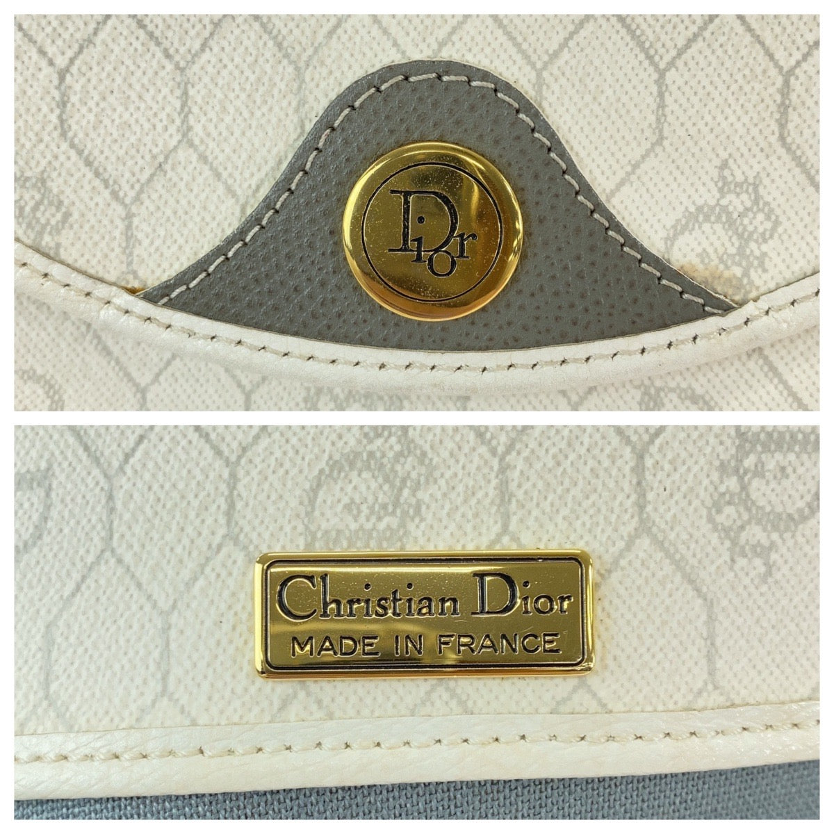13153
Dior ディオール ヴィンテージ ハニカム ホワイト グレー ゴールド金具 PVC ショルダーバッグ ポシェット  レディース