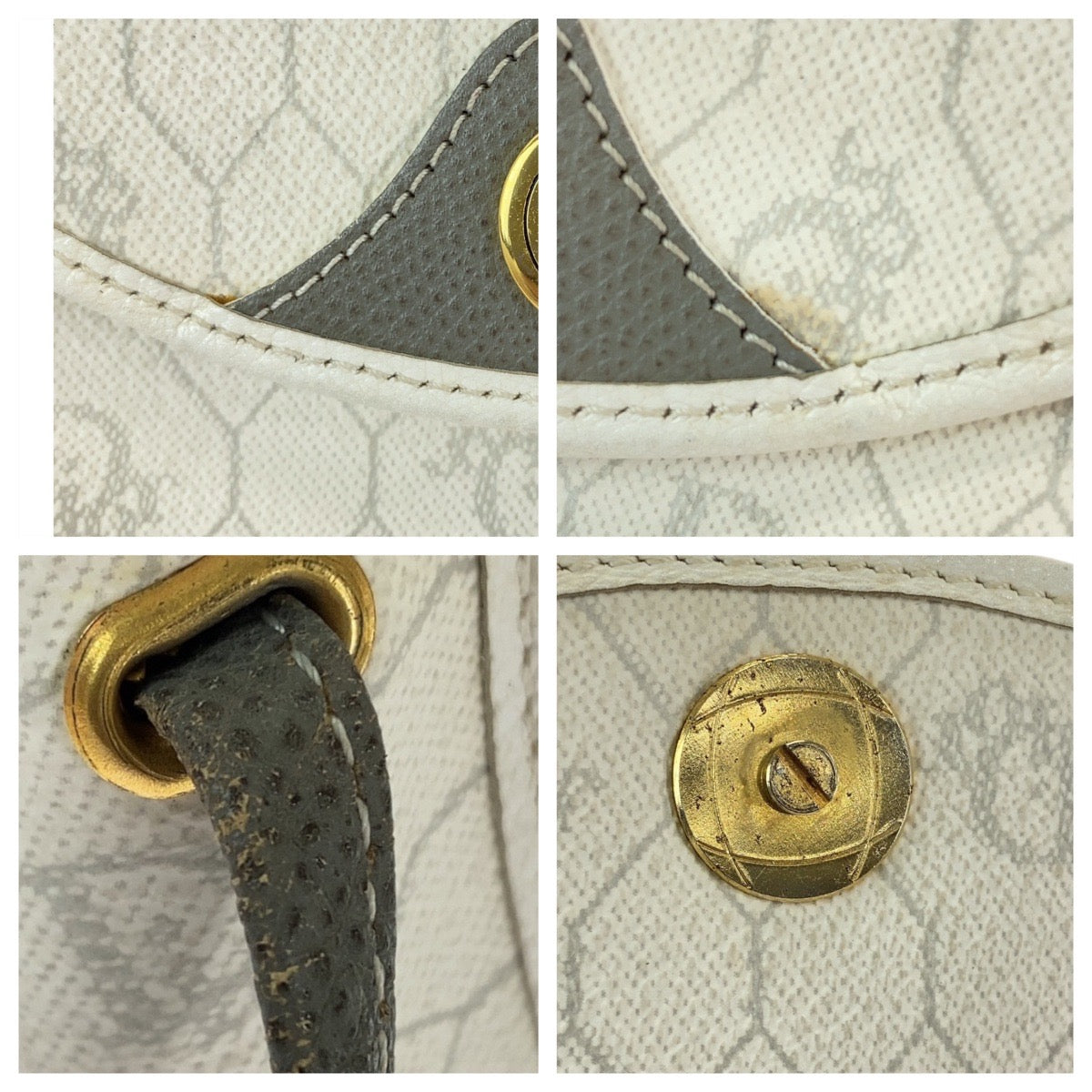 13153
Dior ディオール ヴィンテージ ハニカム ホワイト グレー ゴールド金具 PVC ショルダーバッグ ポシェット  レディース