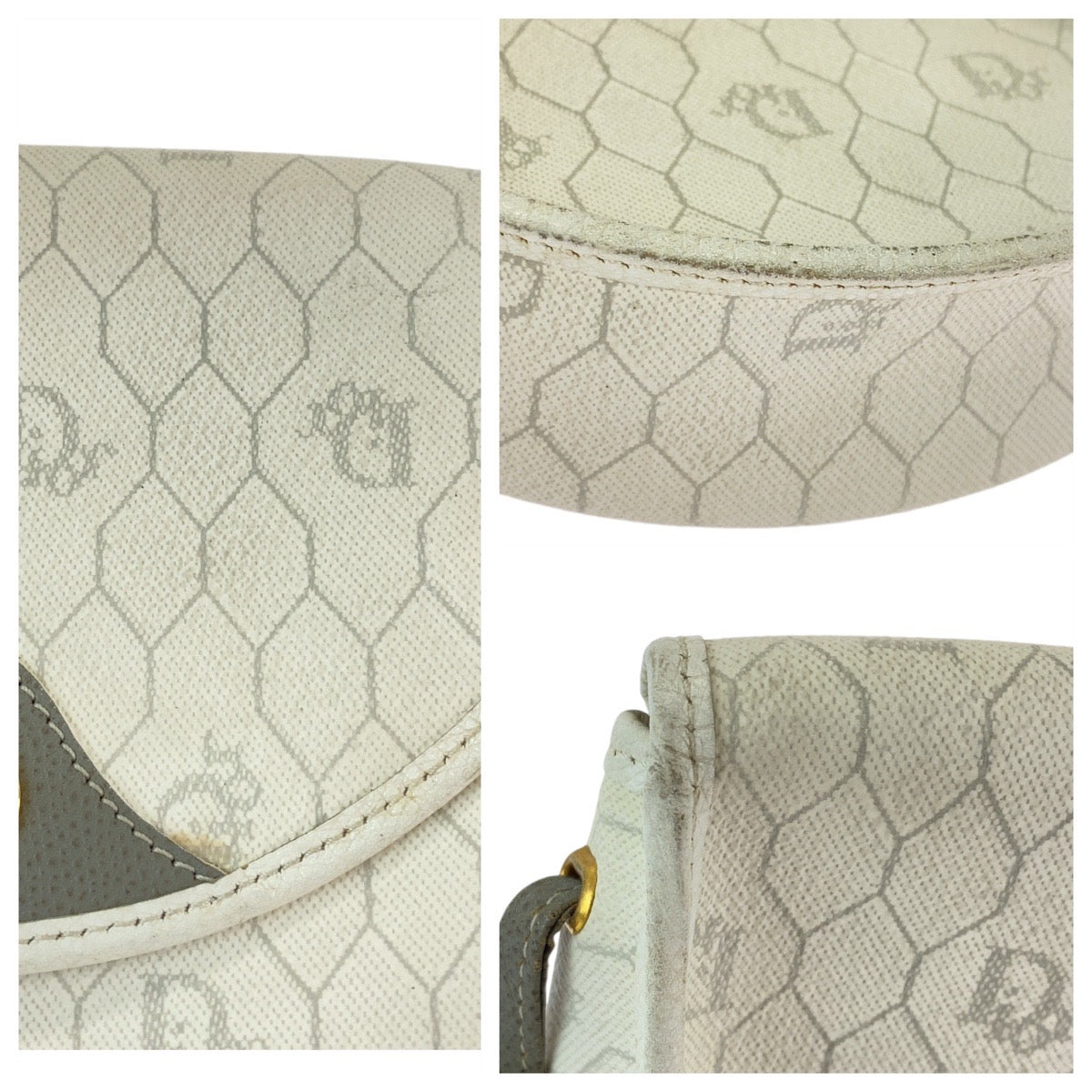 13153
Dior ディオール ヴィンテージ ハニカム ホワイト グレー ゴールド金具 PVC ショルダーバッグ ポシェット  レディース