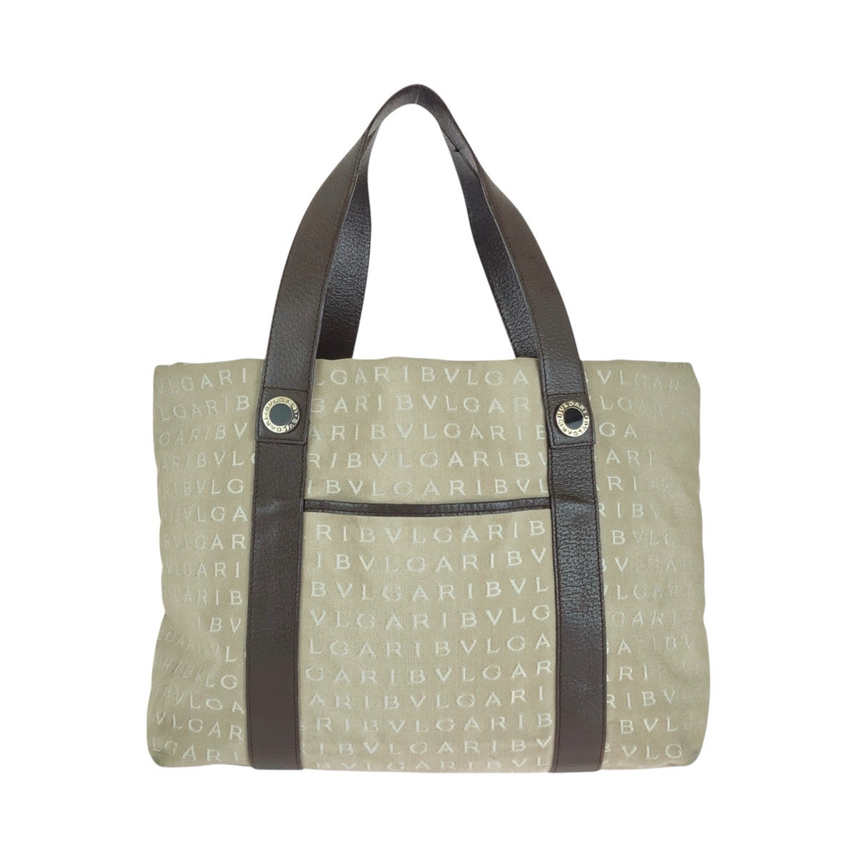 13157
BVLGARI ブルガリ ロゴマニア ベージュ ブラウン シルバー金具 キャンバス / レザー トートバッグ ショルダーバッグ  レディース