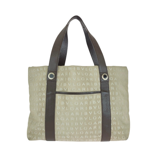 13157
BVLGARI ブルガリ ロゴマニア ベージュ ブラウン シルバー金具 キャンバス / レザー トートバッグ ショルダーバッグ  レディース