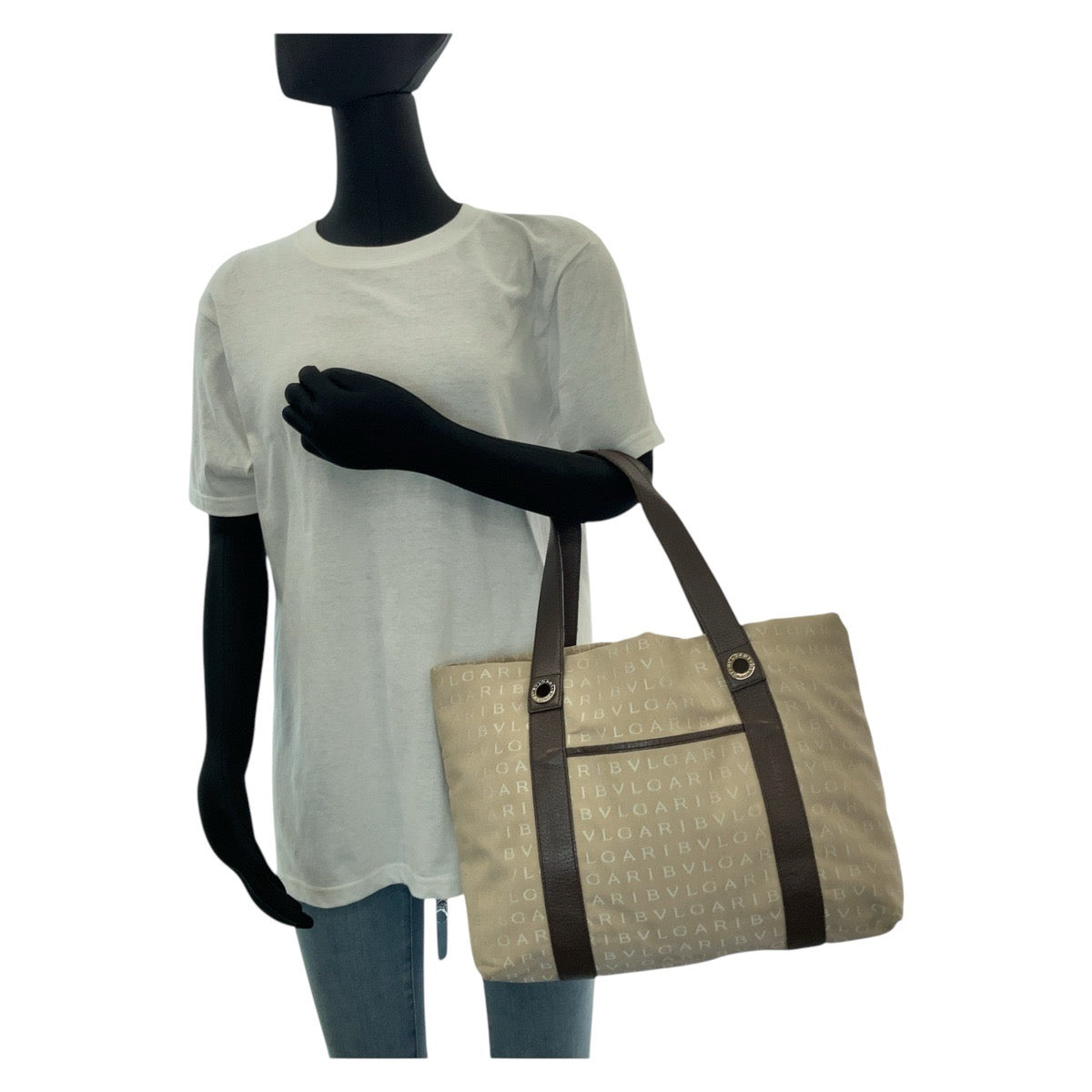 13157
BVLGARI ブルガリ ロゴマニア ベージュ ブラウン シルバー金具 キャンバス / レザー トートバッグ ショルダーバッグ  レディース