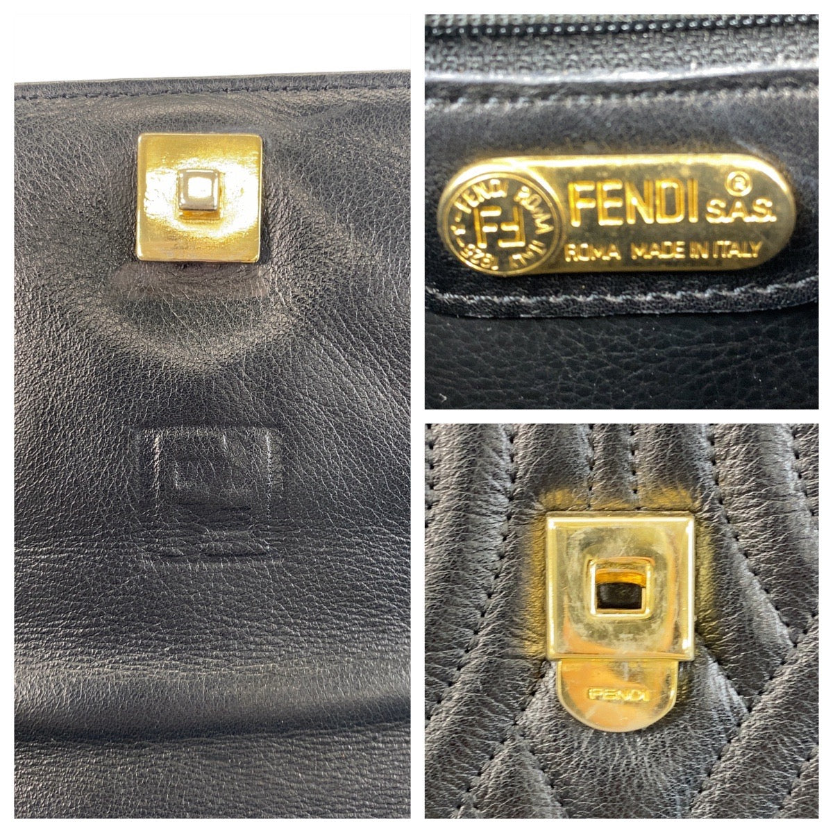 14044
FENDI フェンディ ヴィンテージ マカロニ ブラック 黒 ゴールド金具 レザー ハンドバッグ  レディース