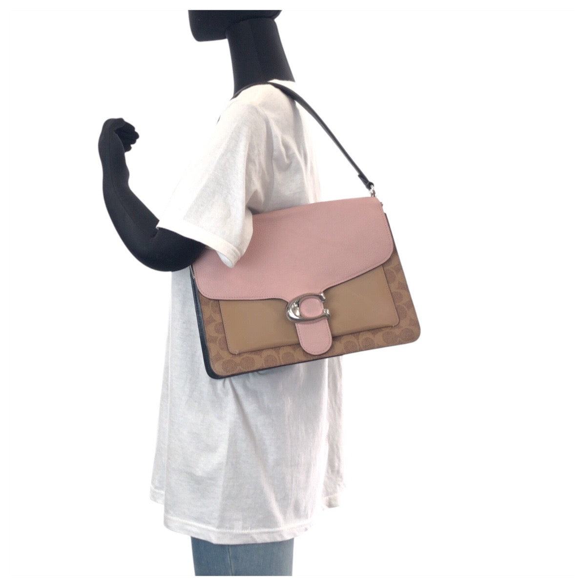 13165
COACH コーチ シグネチャー ピンク ブラウン シルバー金具 レザー / PVC ショルダーバッグ  レディース