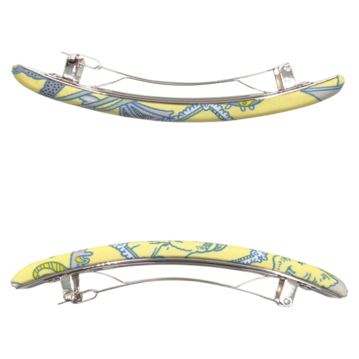 13170
HERMES エルメス イエロー 水色 シルバー金具 シルク バレッタ ヘアアクセサリー  レディース