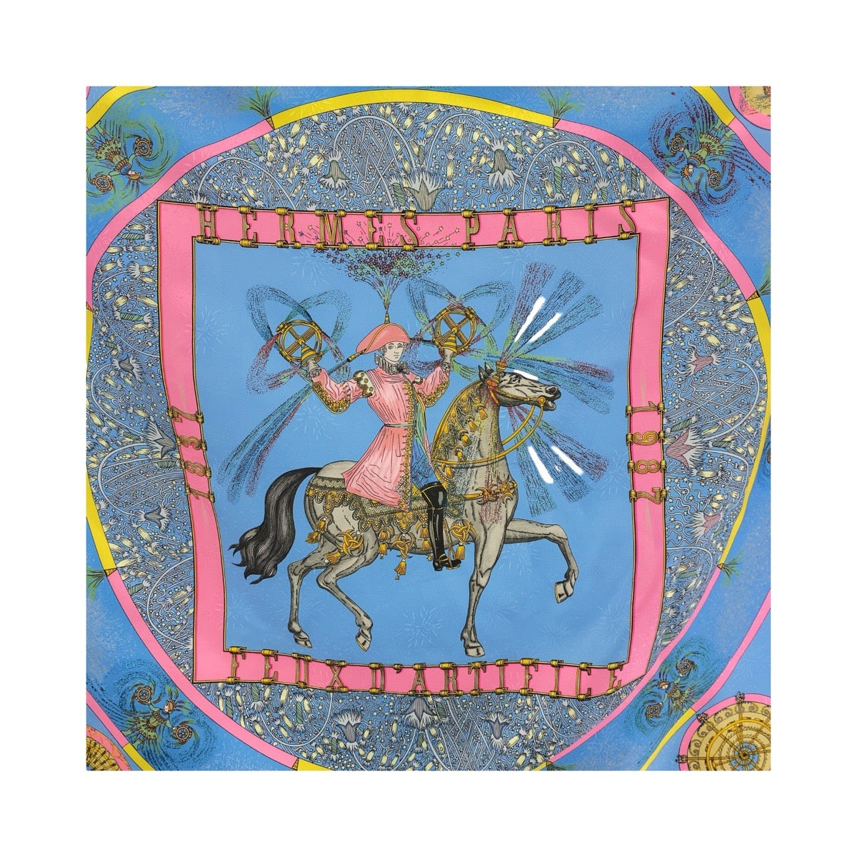 13174
HERMES エルメス カレ90 FEUX D’ARTIFICE スカイブルー マルチカラー シルク スカーフ  レディース