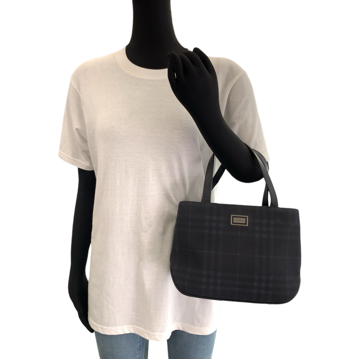 13175
BURBERRY バーバリー チェック柄 ネイビー シルバー金具 キャンバス トートバッグ ハンドバッグ  レディース