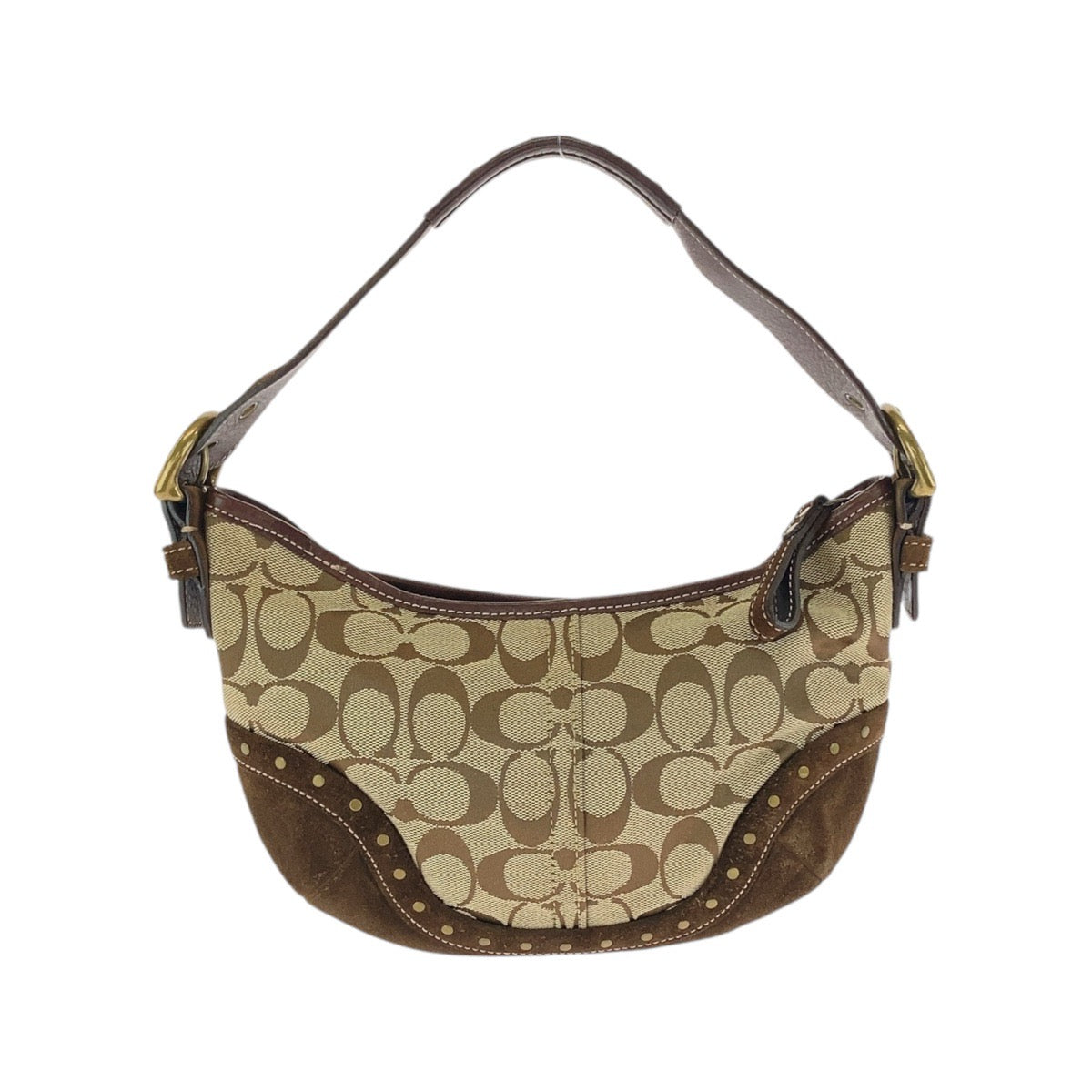 COACH コーチ シグネチャー ベージュ ブラウン ゴールド金具 キャンバス / スウェード ホーボー ショルダーバッグ ハンドバッグ  レディース