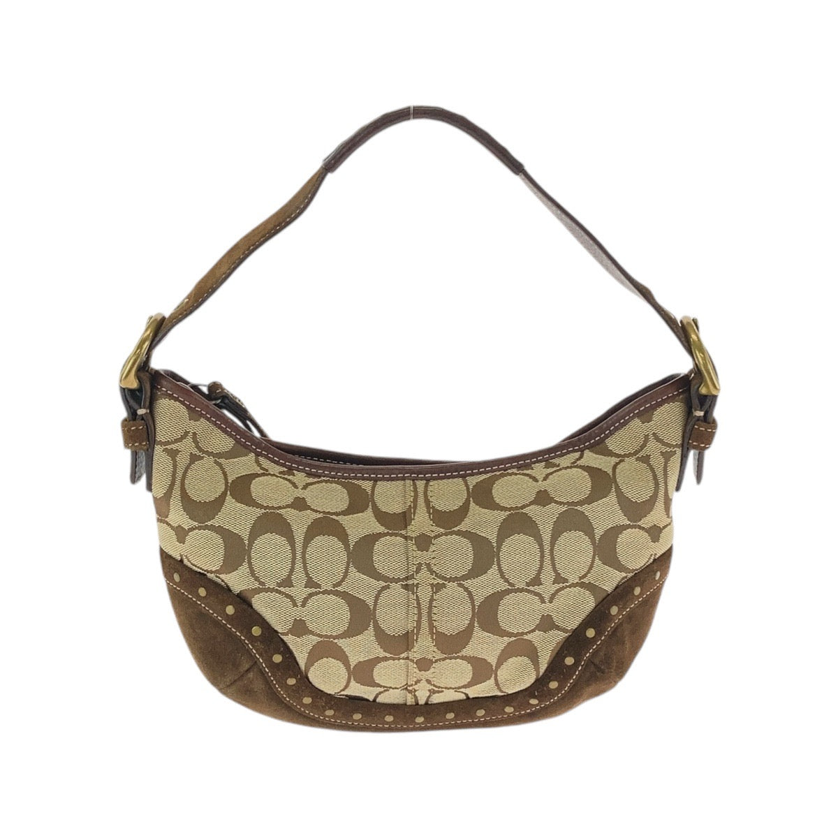 COACH コーチ シグネチャー ベージュ ブラウン ゴールド金具 キャンバス / スウェード ホーボー ショルダーバッグ ハンドバッグ  レディース